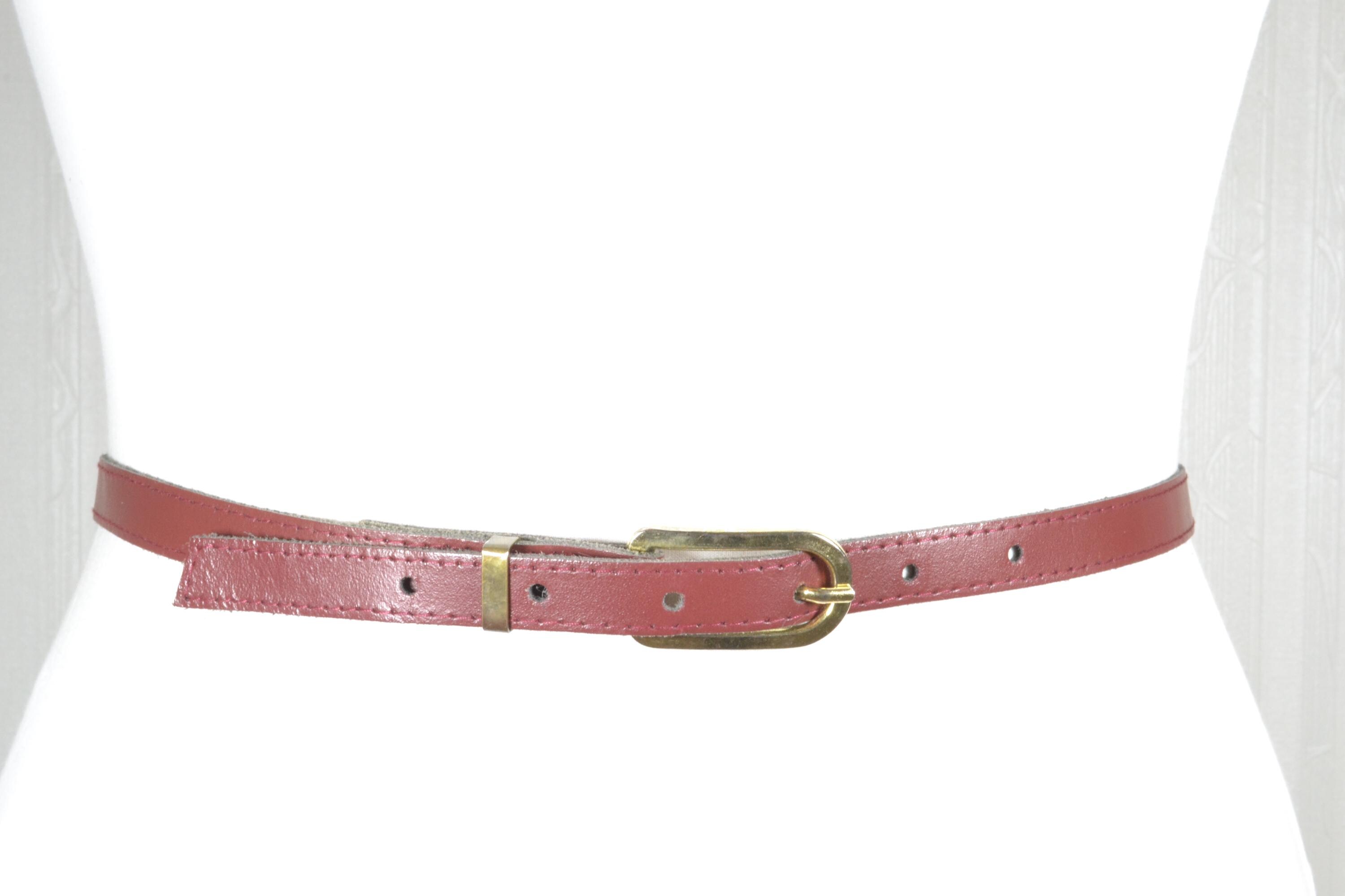 小物 vintage lether narrow belt burgundy Vintage Skinny Burgundy Leather Belt With Gold Buckle, Boho Slim