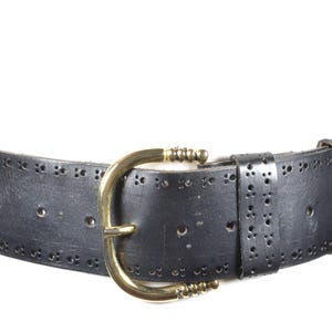 Black Leather Belt with Gold Buckle, Black Perforated Western Waist Belt,  Vintage Wide Black Leather Belt