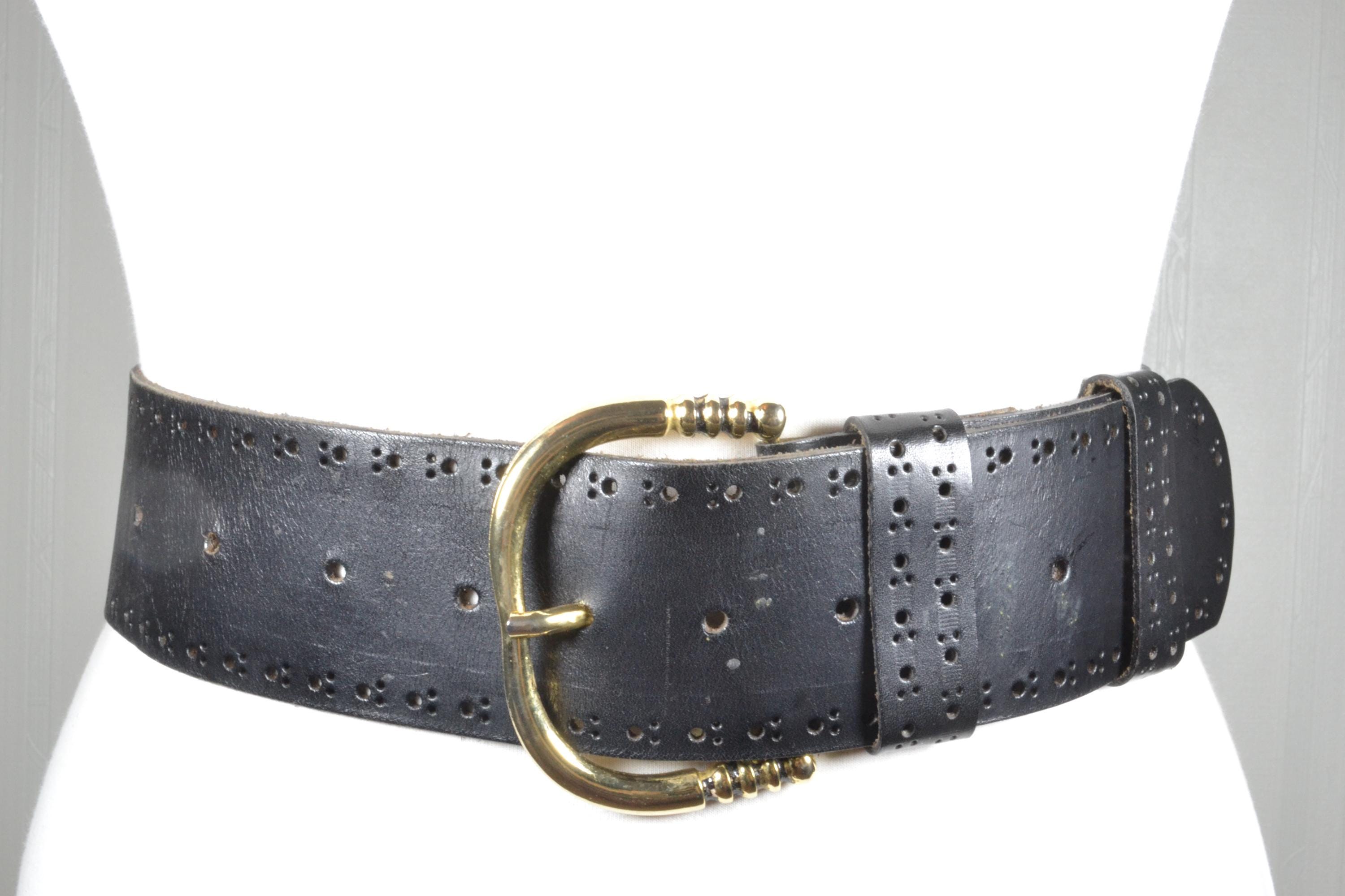 Vintage Wide Black Leather Belt: Perforated Western Design  display picture 2