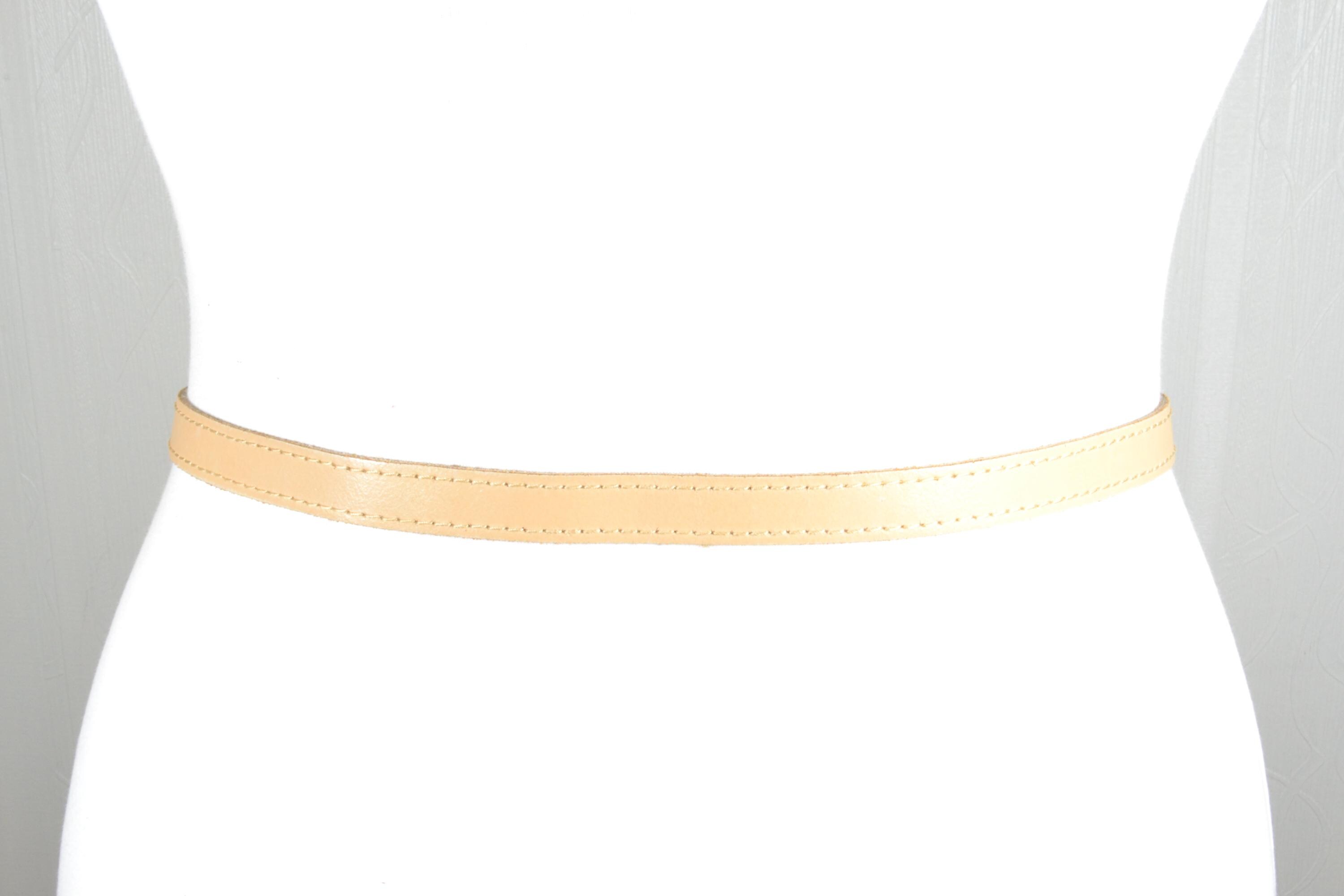 Vintage Boho Neutral Beige Skinny Leather Belt With Silver 