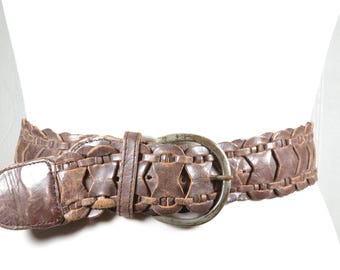 Vintage Braided Brown Leather Belt With Silver Metal Buckle  display picture 3