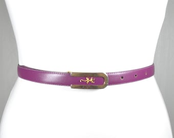 Cinturón vintage de cuero morado: hebilla de lagarto dorada, cinturón bohemio fino