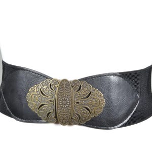 Vintage Black Stretch Belt: Ornate Brass Buckle Waist Cincher