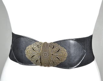 Vintage Black Elastic Waist Belt With Brass Floral Buckle  display picture 3