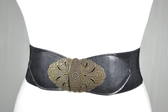 Vintage Black Stretch Belt: Ornate Brass Buckle Waist  display picture 1