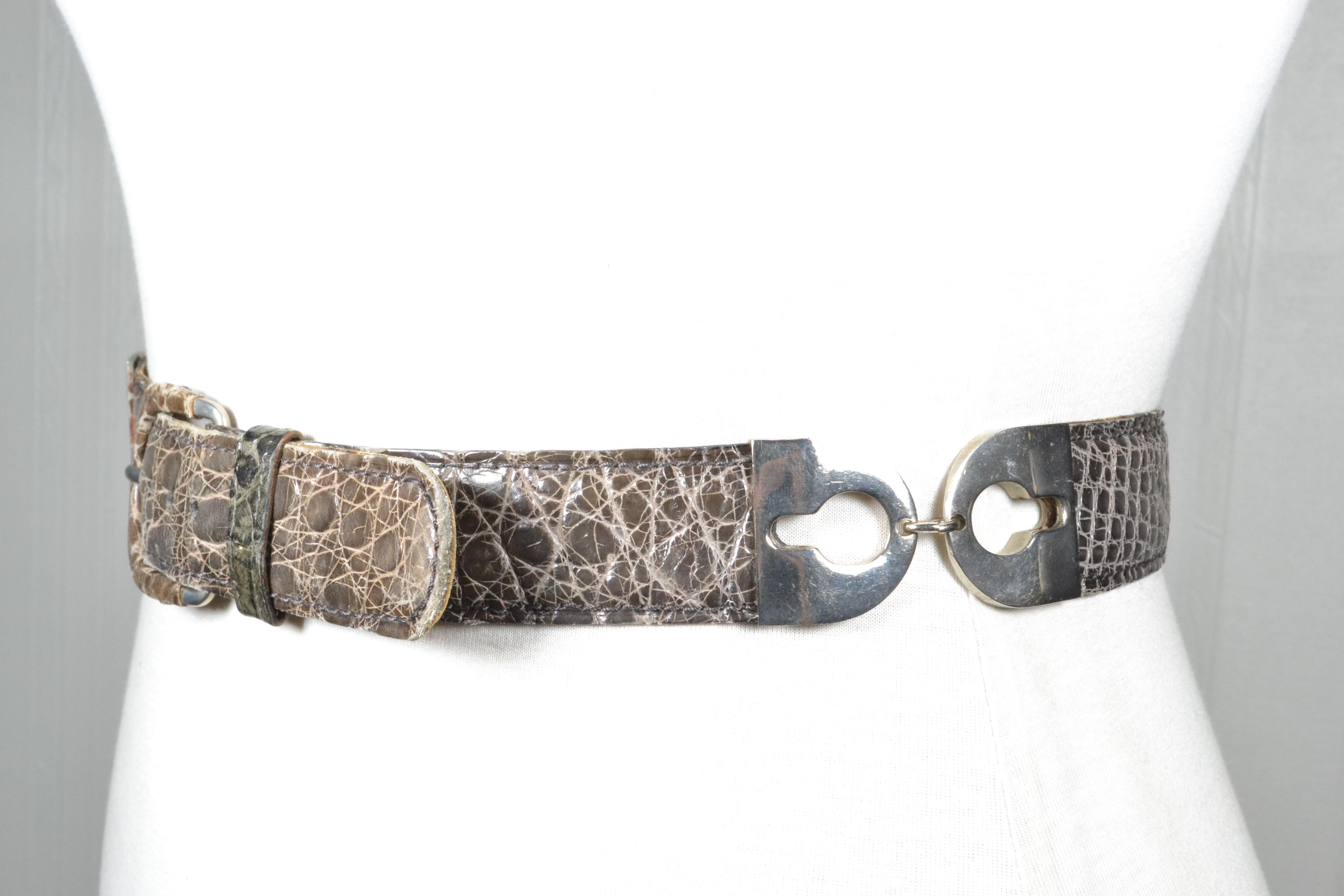 Vintage distressed western boho croco Italian leather belt Size L Vintage Boho Crocodile Embossed Leather Belt With Covered  main image 3