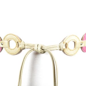 Vintage Boho Pink & Cream Leather Circle Ring Belt, Adjustable Tie Waist Belt, Y2K Festival Hippie Belt for Women, Retro Colorful Boho Belt