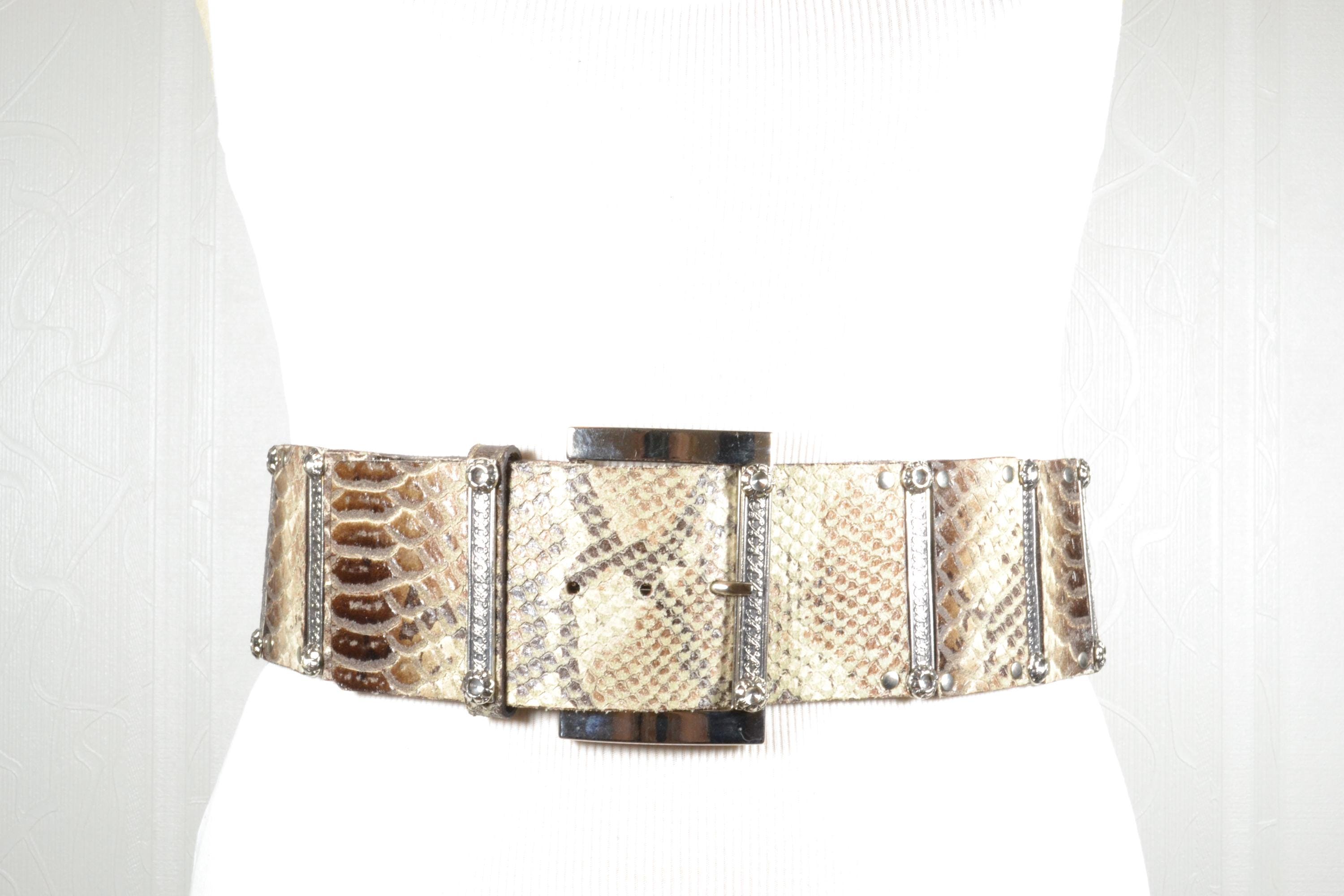 Vintage Snakeskin Leather Belt: Wide Silver Accents, 1980s  display picture 2