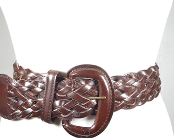Vintage Wide Braided Leather Belt with Oversized Covered Buckle, Dark Chocolate Brown Woven Boho Waist Belt, 80s Western Boho Belt