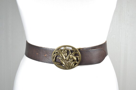 Vintage Brown Leather Belt: Art Nouveau Brass Floral Buckle  display picture 3