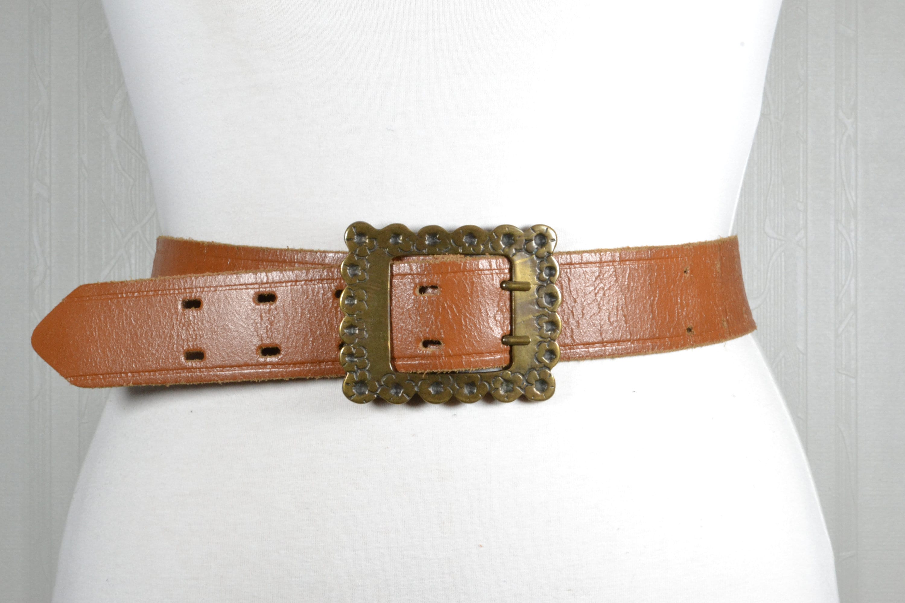 Vintage Western Copper Brown Leather Belt With Ornate Brass  display picture 3