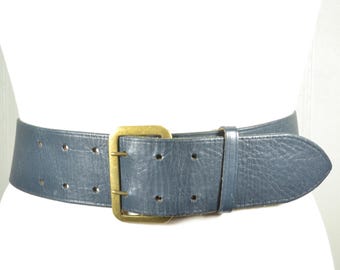 Vintage 80s Navy Blue Wide Leather Cinch Belt: Aged Brass Buckle