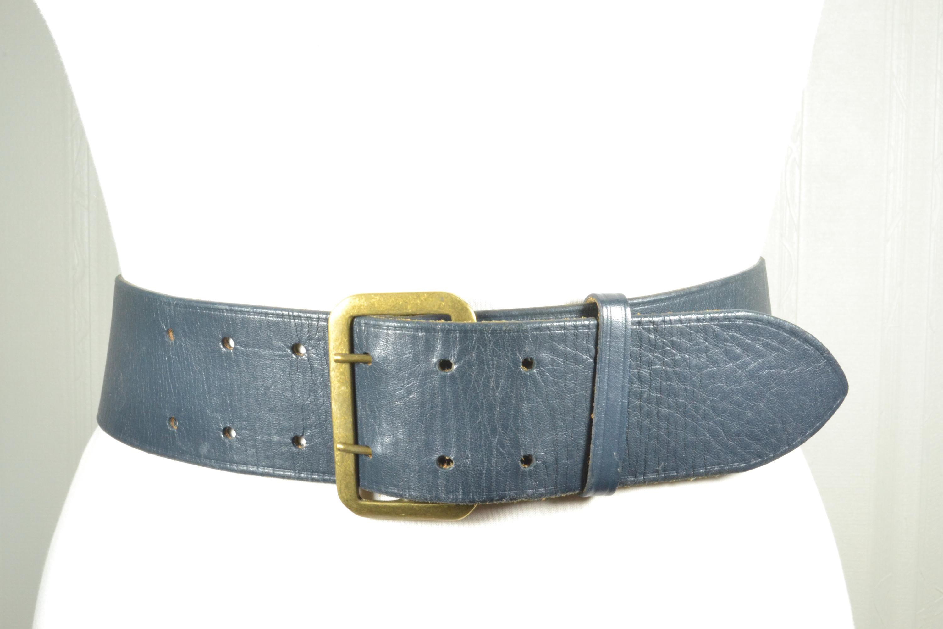 Vintage 80s Blue Soft Leather Belt Brass Buckle Size Medium USA Vintage 80s Wide Blue Leather Belt: Round Brass Buckle - Etsy main image 2