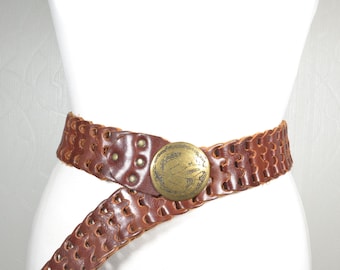 Vintage Brown Leather Belt With Floral Buckle, Bohemian  display picture 2