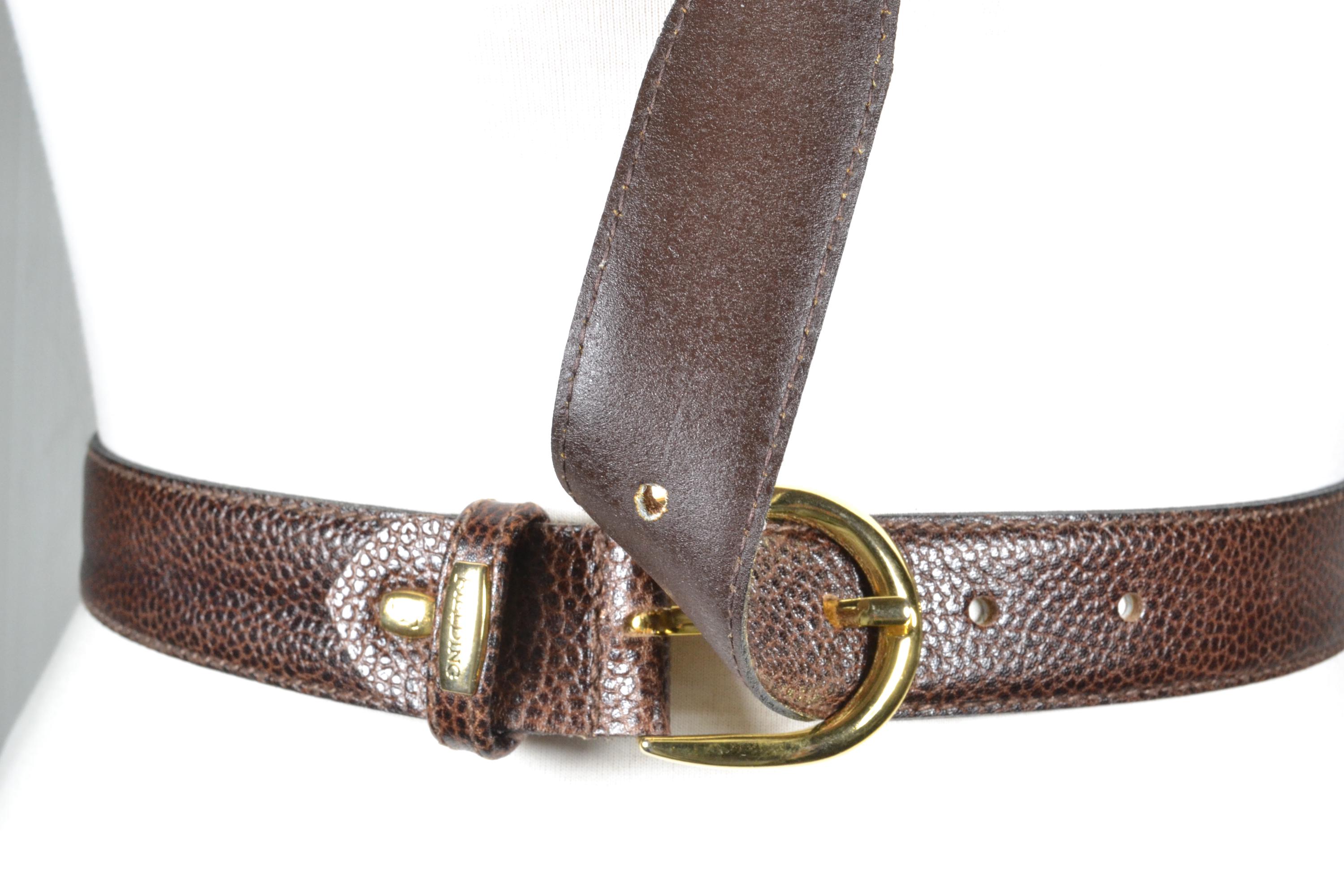 Vintage Brown Textured Leather Belt With Classic Gold-tone 