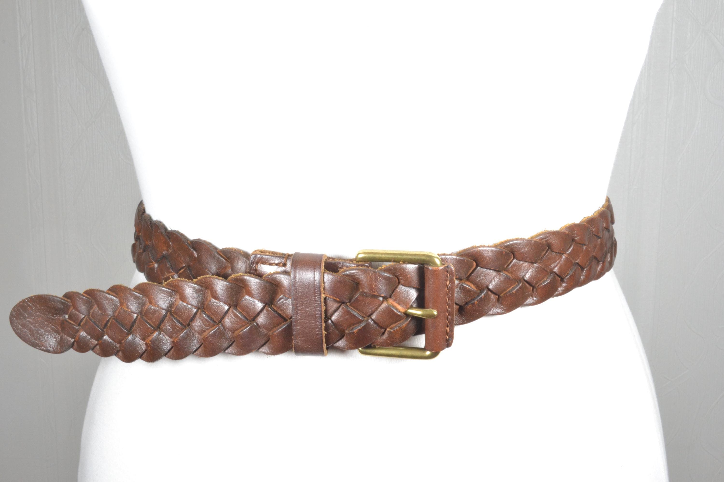 Western Braided Woven Brown Leather Belt Antiqued Brass Buckle Up to Size 30\