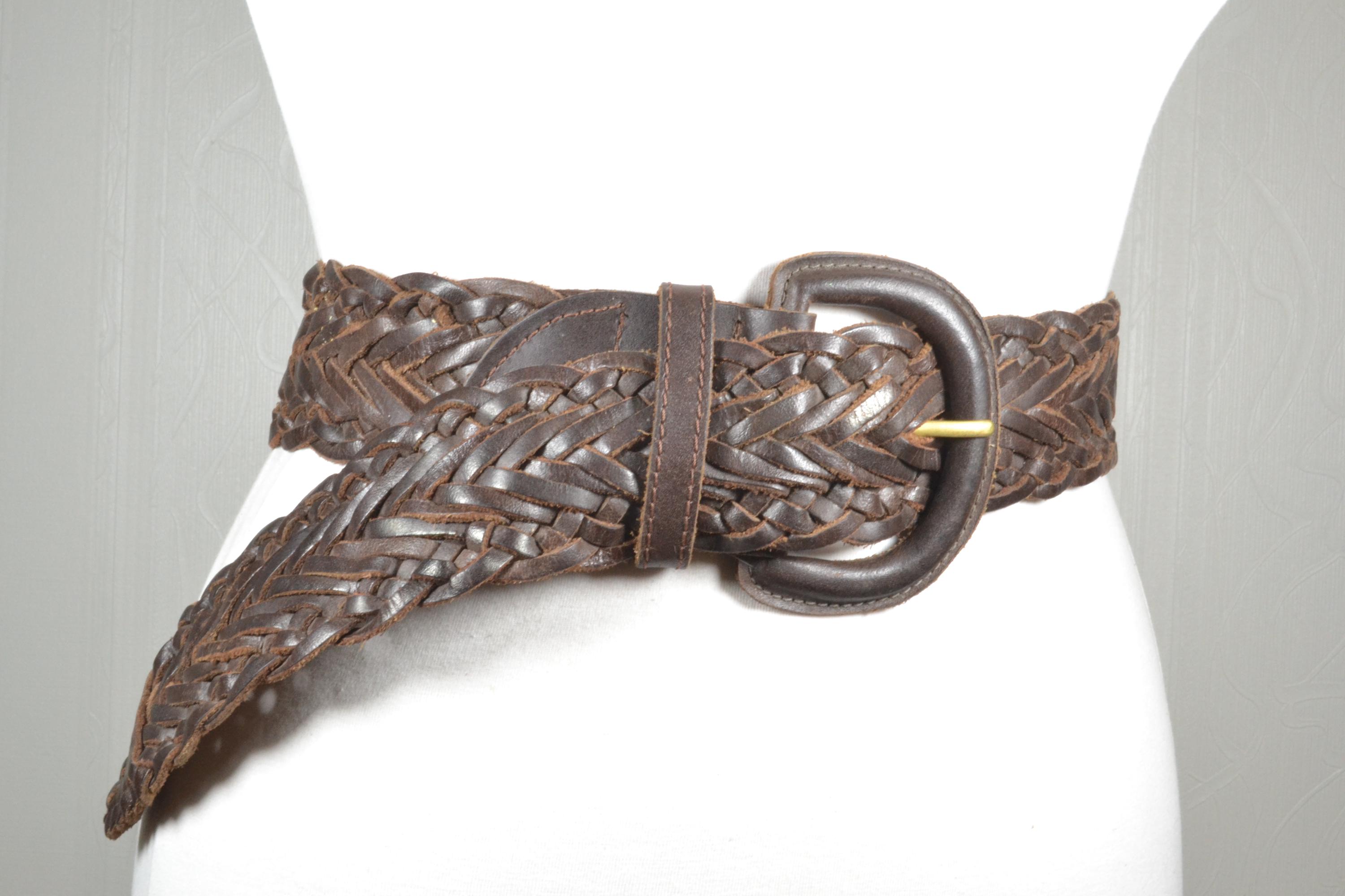 Boho Chunky Braided Leather Belt‎ Brown Woven Wide Western Hippie Retro Size L 32 1-1/2 main image 4