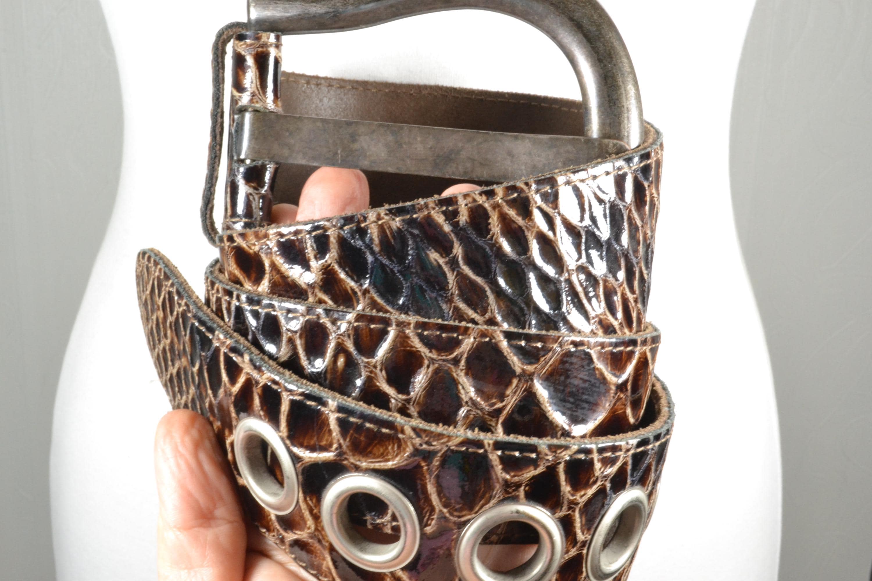 Vintage Brown Croc Leather Western Belt Brass Metal Mesh Studs Ornate Buckle 30\