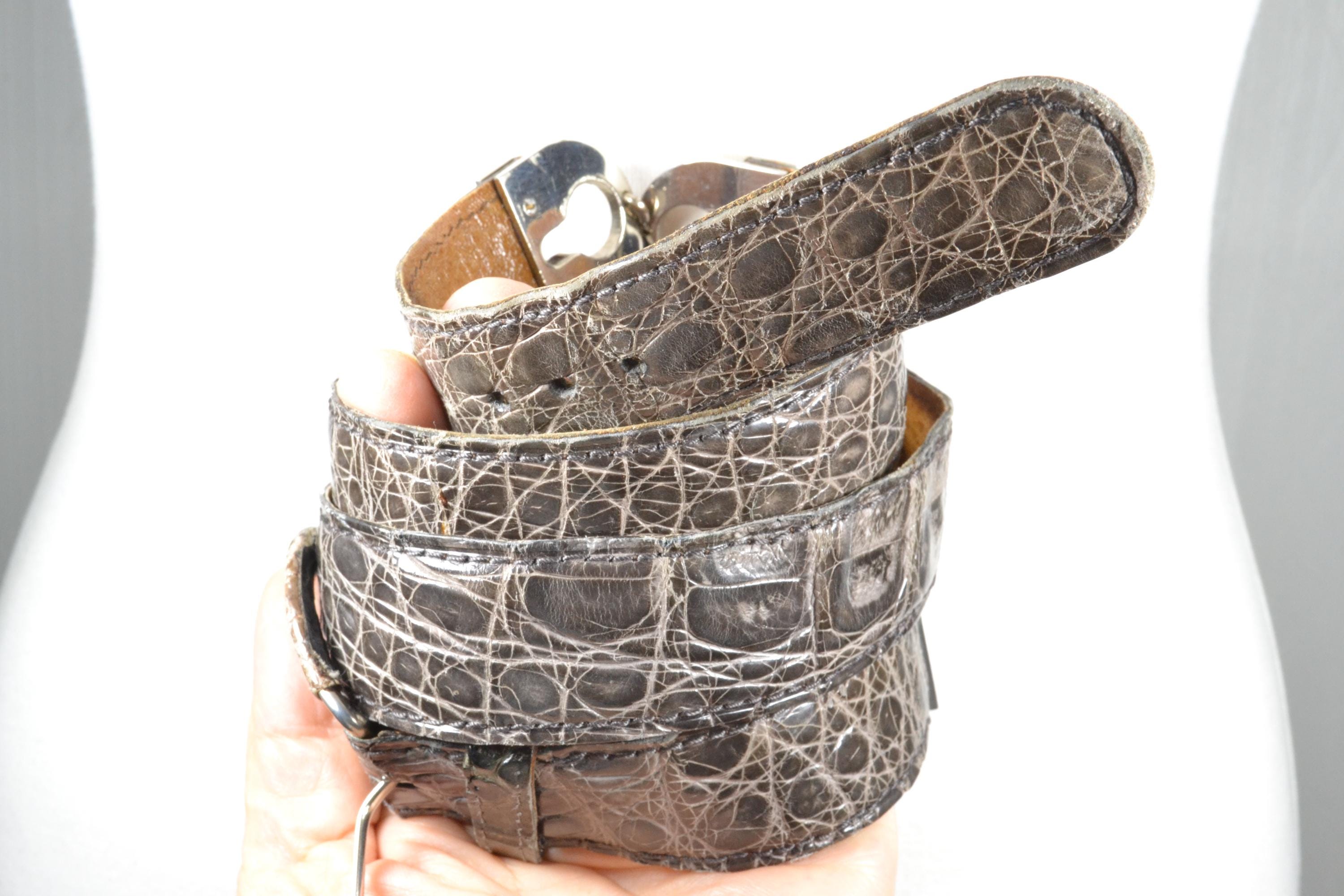 Vintage distressed western boho croco Italian leather belt Size L Vintage Boho Crocodile Embossed Leather Belt With Covered  main image 4