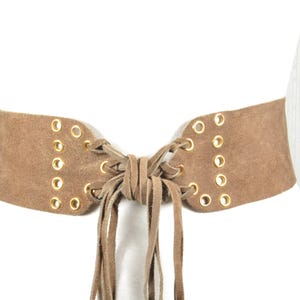 Boho Tan Suede Wrap Belt for Women with Gold Grommet Details, Adjustable Tie Waist Belt, Festival-Ready Bohemian Brown Belt, Tassel Belt