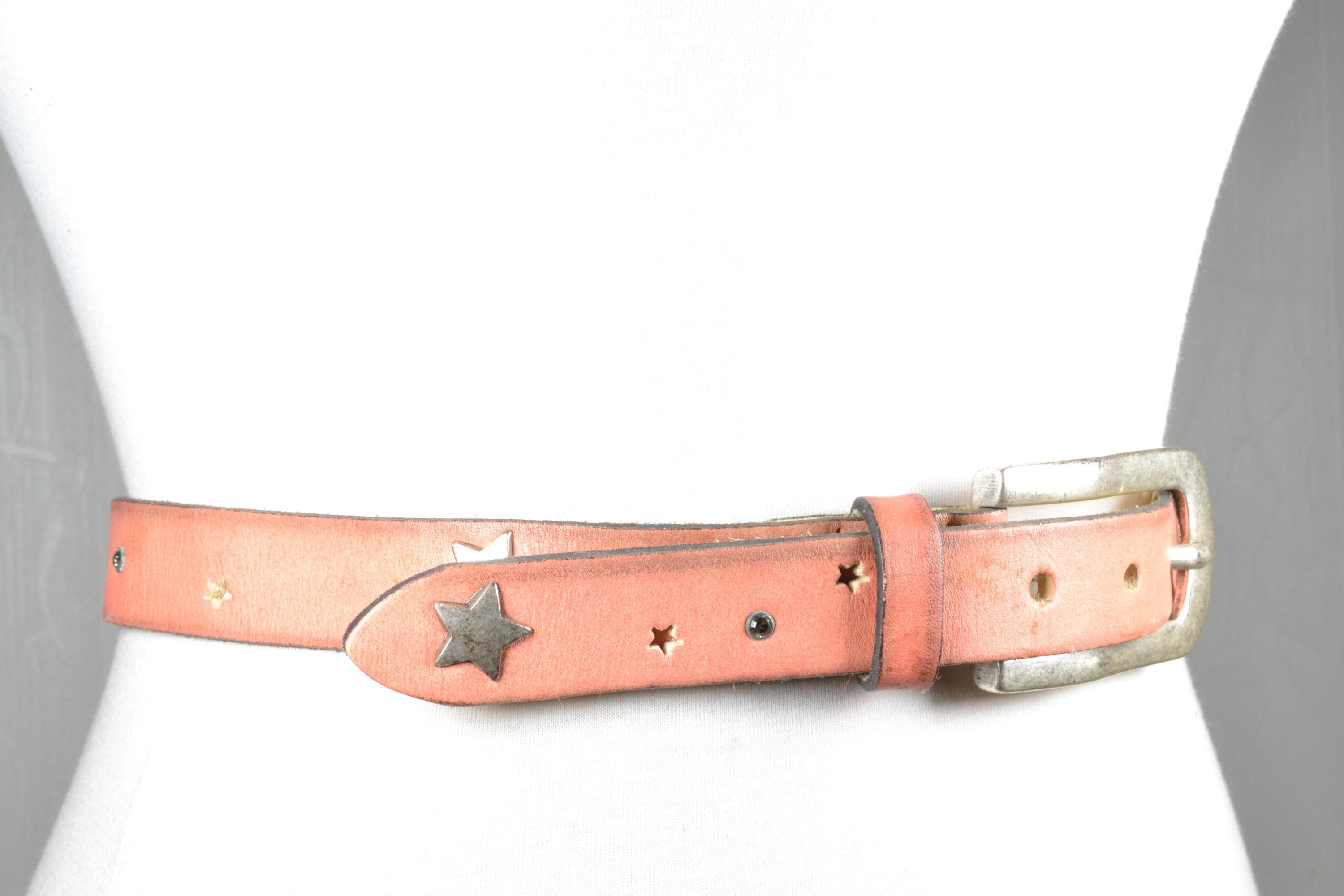 Vintage Pink Leather Belt With Stars and Antique Metal 