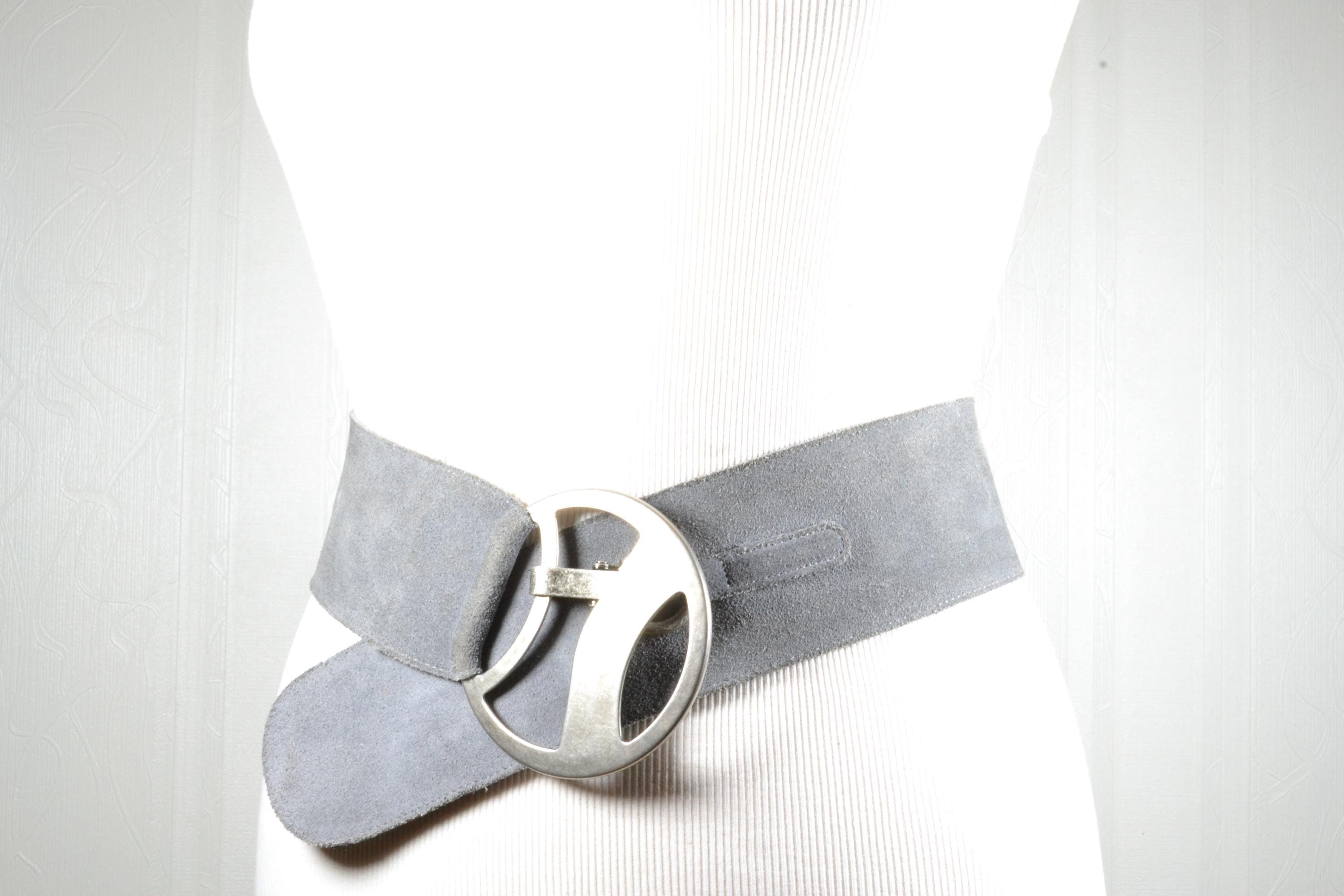 Wide Gray Suede Belt: Vintage Double Prong Buckle  display picture 1