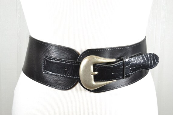 Black Leather Corset Statement Belt Silver Buckle Wide Waist Belt 41” Adjustable Black Leather Corset Belt with Silver Buckles – Bold Fit main image 2
