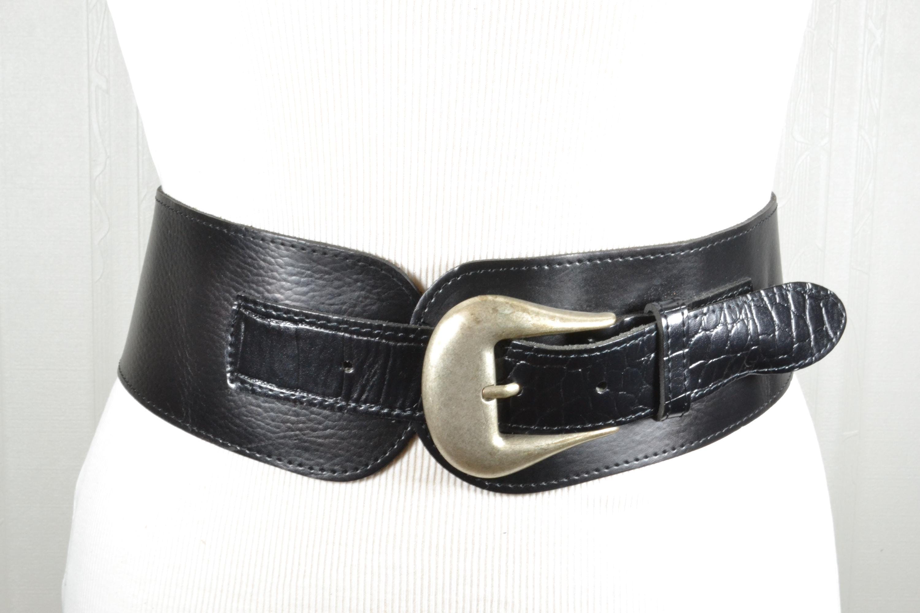 Wide Black Leather Corset Belt: Silver Buckle, Vintage 