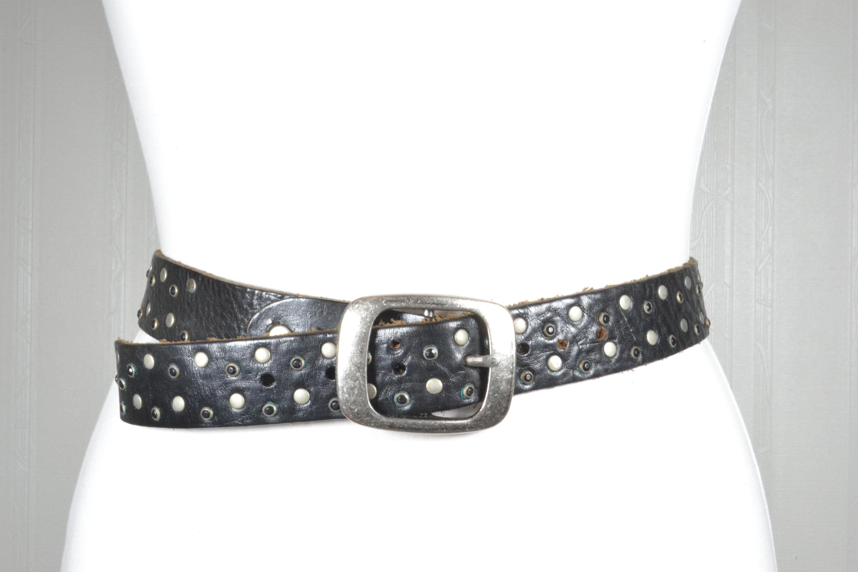 Vintage Black Leather Studded Belt: Distressed Punk Rock 
