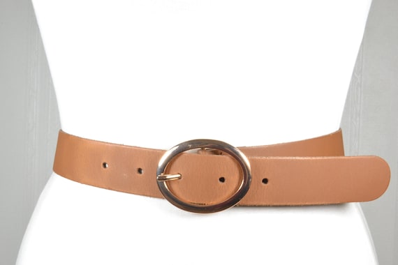 Wide Brown Leather Belt: Vintage Gold Oval Buckle  display picture 2