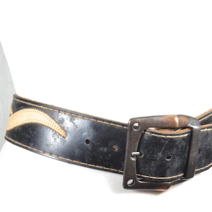 Vintage Wide Black Western Leather Belt, Distressed Black Belt with Silver Buckle, Tan Stitch Inlay, Cowboy Rockabilly Style Belt
