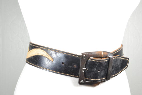 Vintage black & tan belt Vintage Brown Tan Leather Black Cotton Woven Braided  main image 4