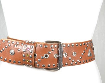 Vintage Brown Silver Studded Faux Leather Western Belt - Etsy display picture 1