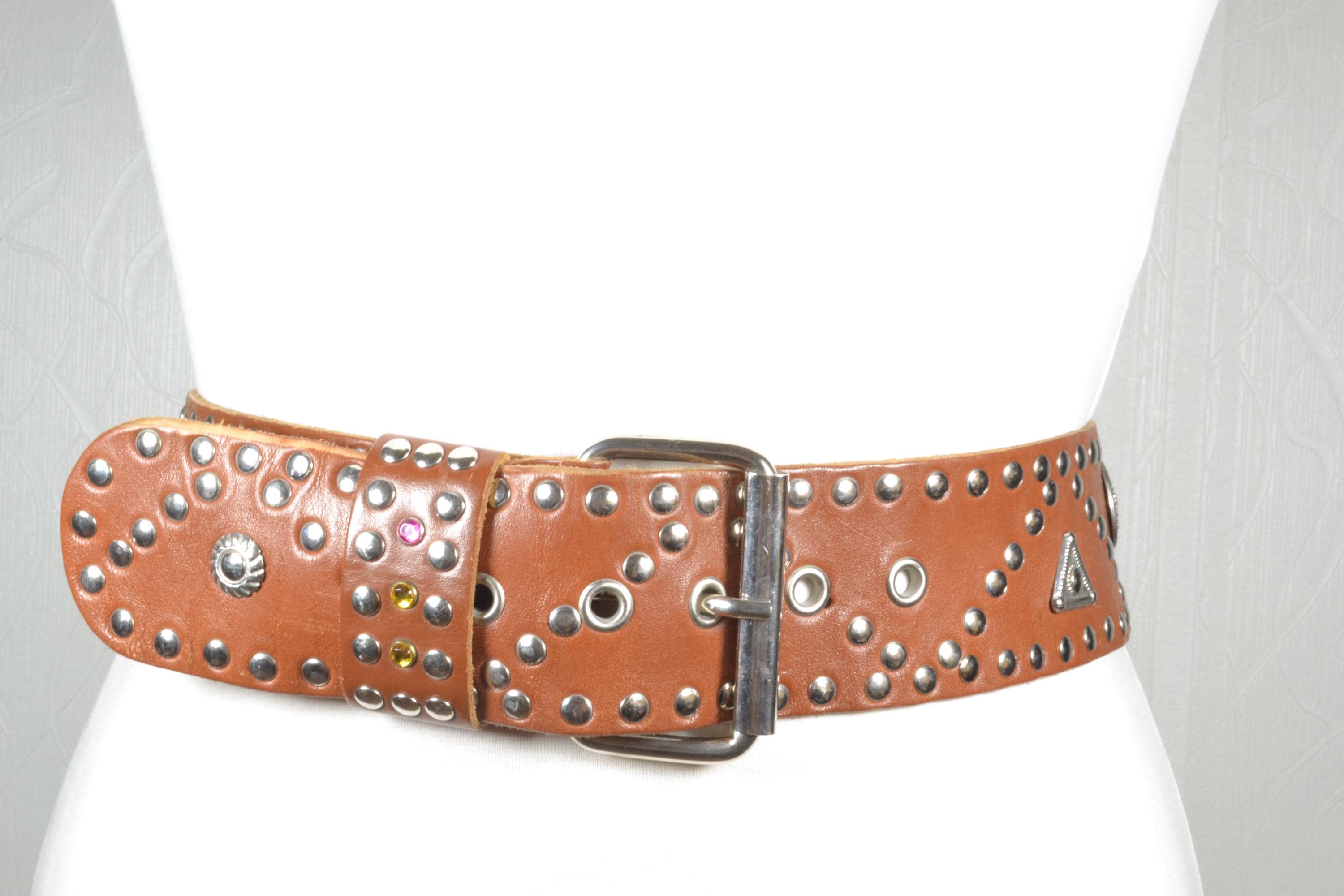 Vintage Brown Leather Studded Belt Boho Western Festival Size XL CLEARANCE - Brown Vintage Studded Belt - B004 - Double J  main image 3