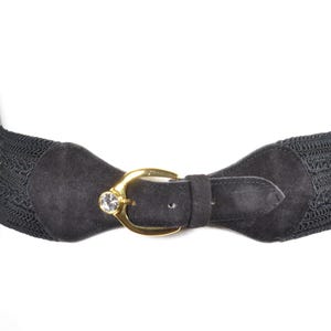 Vintage Black Suede Elastic Belt for Women, Gold Buckle with Rhinestone, Wide Waist Belt, 1980s Retro Stretch Belt, Elegant Statement Belt