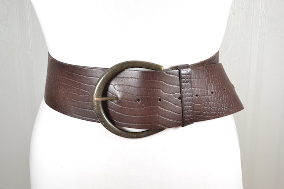 Vintage Wide Brown Croco Leather Belt With Bronze Buckle - Etsy display picture 1