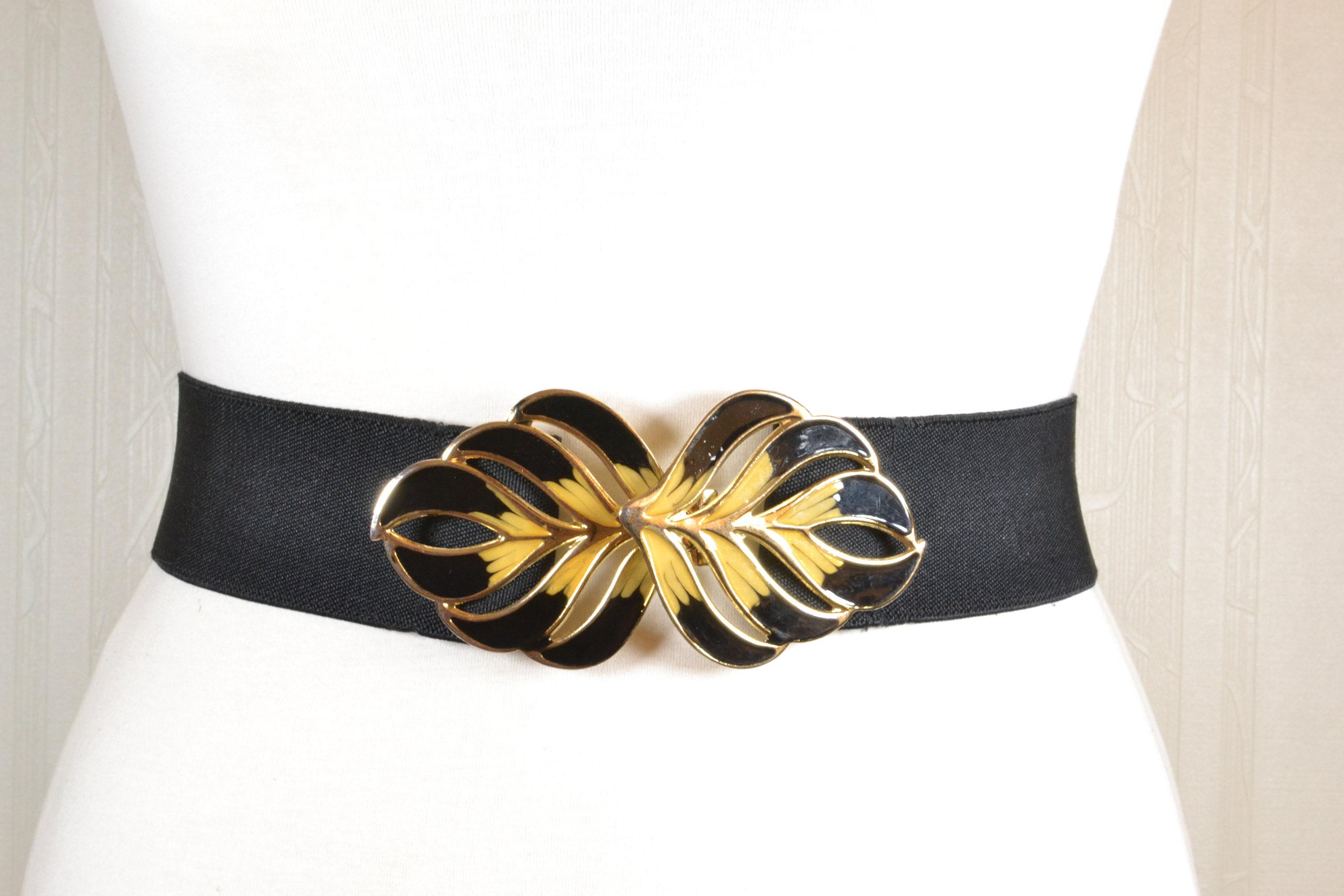 VINTAGE Gold Brocade Buckle Black Stretch Belt Jade Belt - Western Style Black Tooled Leather Belt Gold  main image 4