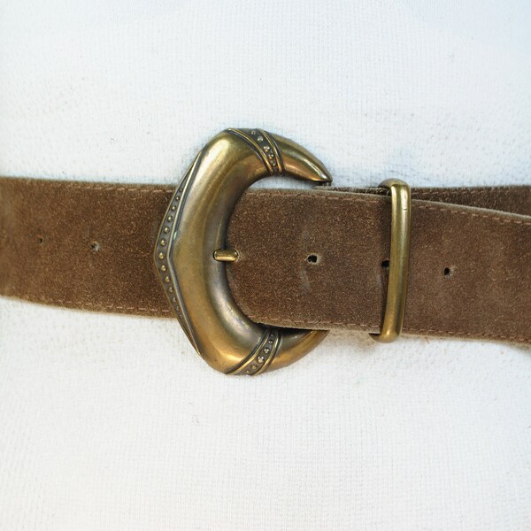 Brown Leather Belt with Big Bronze Buckle, Brown Suede Leather Belt, Medieval Brown Belt