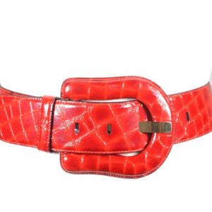 Vintage Wide Red Croc-Embossed Leather Belt with Oversized Buckle, Statement Waist Belt for Women, Retro 80s Fashion Belt