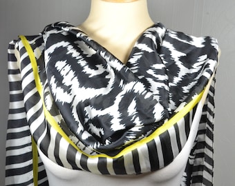Vintage Gerard Pasquier Black and White Striped Scarf with Abstract Ikat Pattern, Zebra Animal Print