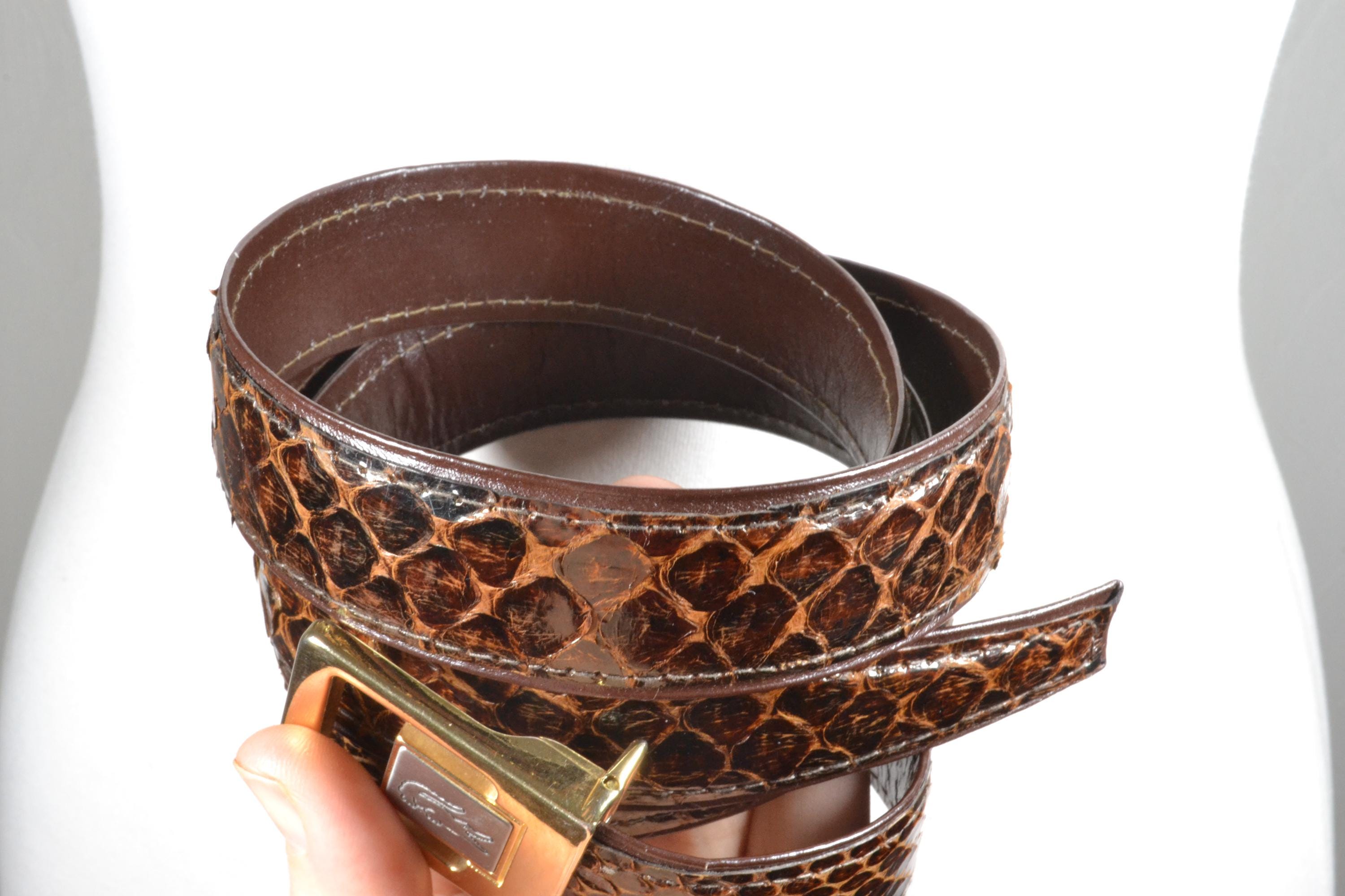 Vintage Wide Brown Reptile Design Contour Belt w/ Wooden Accents & Shell Inlays Brown Lizard Belt - Etsy main image 3