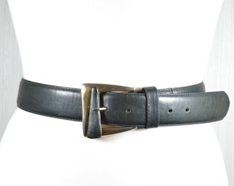Vintage Black Leather Belt for Women with Gold-Toned Angular Buckle, Classic Elegant Belt