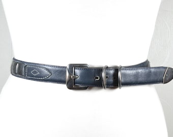 Vintage Skinny navy blue leather belt with two belt loops and decorative metal accents