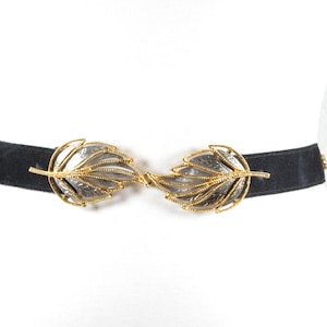 Black suede leather belt with gold leaves buckle, clasp closure belt