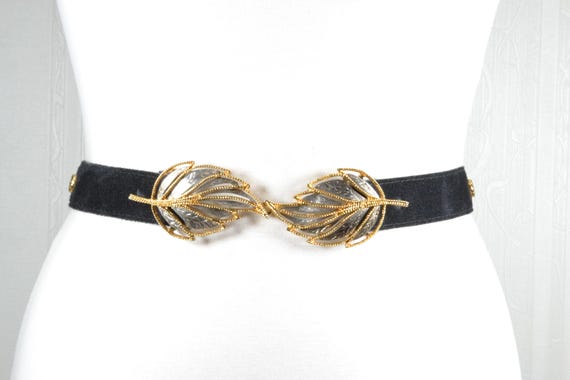 Black Suede Leather Belt With Gold Leaves Buckle, Clasp  display picture 1