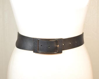 Vintage Black Textured Leather Wide Belt with Leather-Wrapped Silver Buckle, Classic Elegant