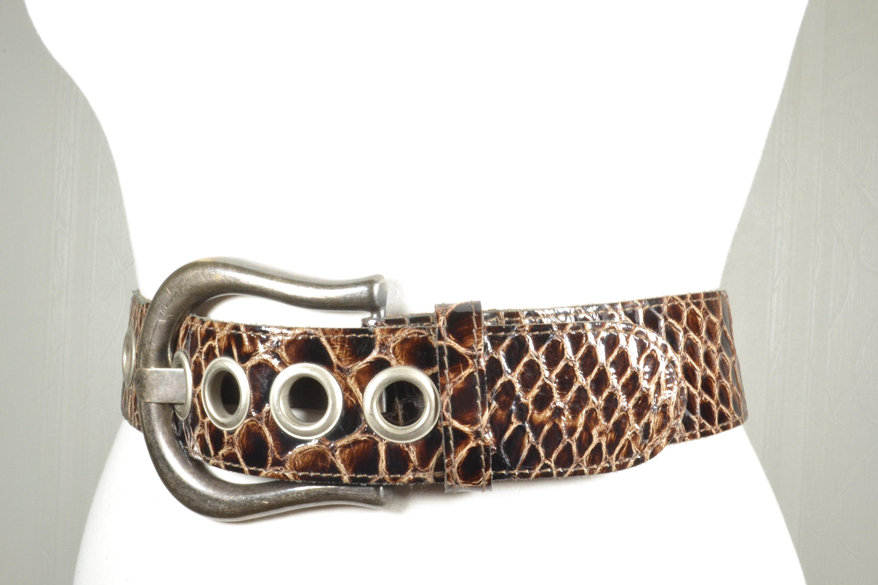 Vintage Croc Embossed Brown Leather Belt With Grommets, Wide  display picture 1