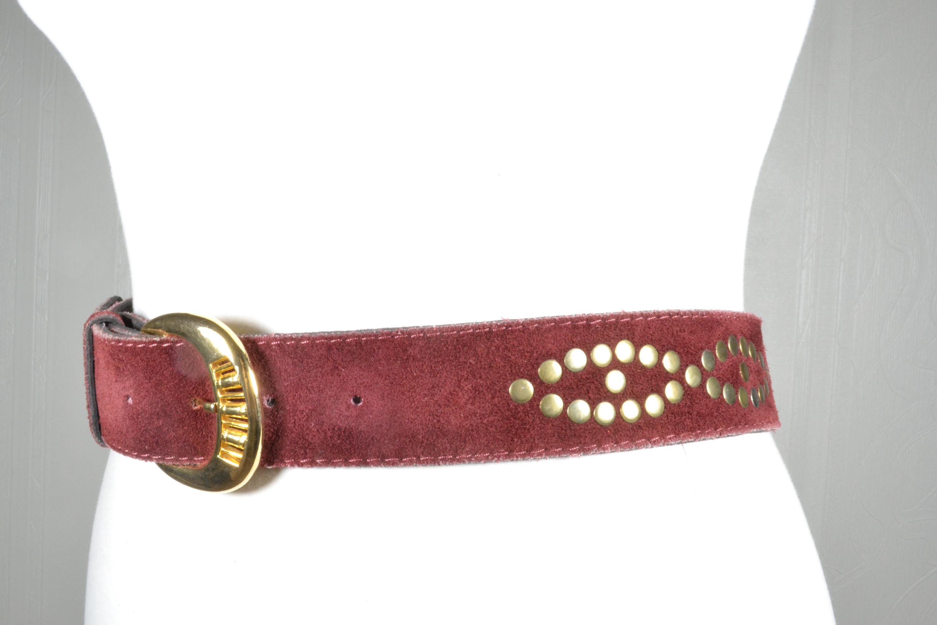 Vintage Burgundy Suede Waist Belt With Gold Buckle, Maroon  display picture 1