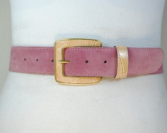 Pink suede leather belt with western gold buckle