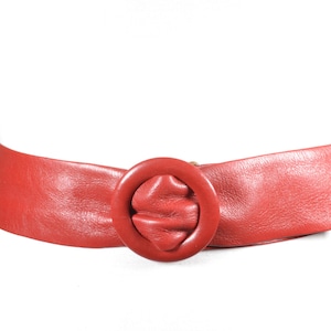 Wide Red Real Leather Belt with Round Buckle, Soft Vintage Waist Belt for Women, Bold Statement Cinch Belt, 70s Retro Boho Belt